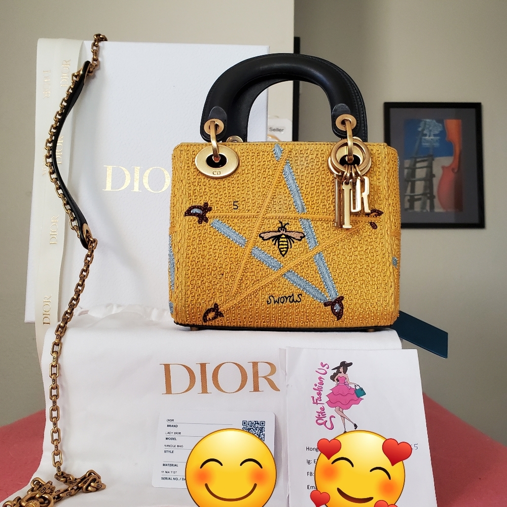 LADY Dior Yellow canvas and Black leather Women's Bag mini sword bag